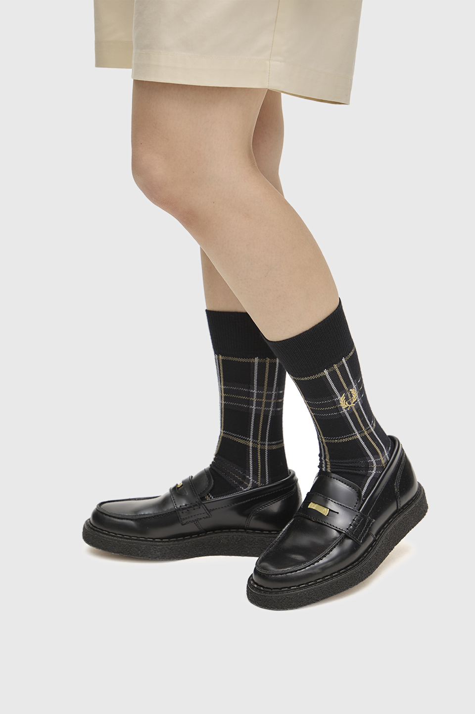 Tartan Socks 90A:BLACK / CHAMPAGNE 6-8