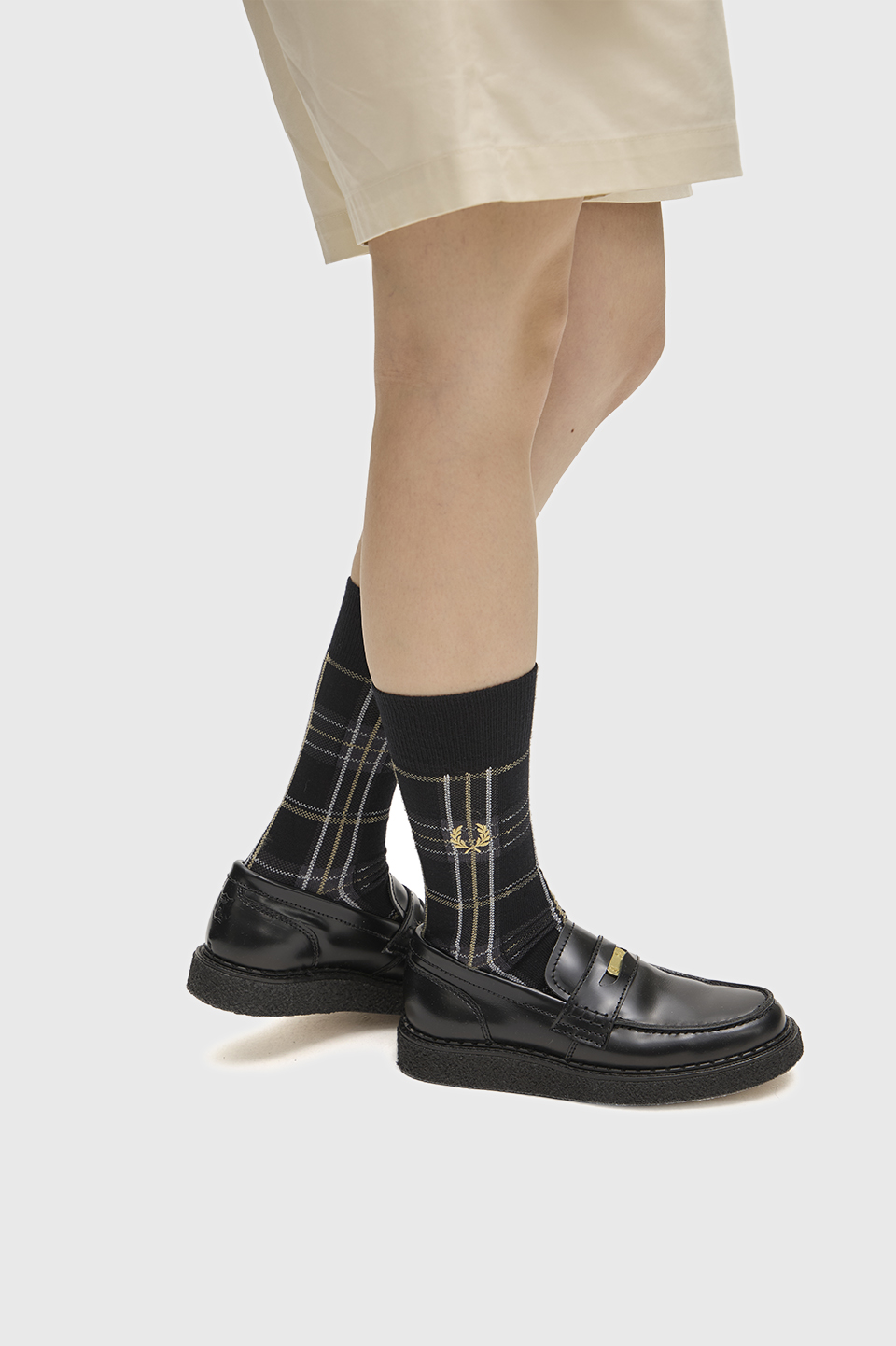 Tartan Socks 90A:BLACK / CHAMPAGNE 6-8