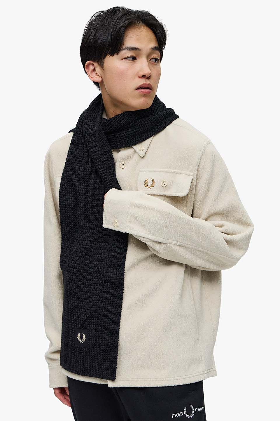 Waffle Knit Patch Brand Rib Scarf(1SZ T03：BLACK / OATMEAL