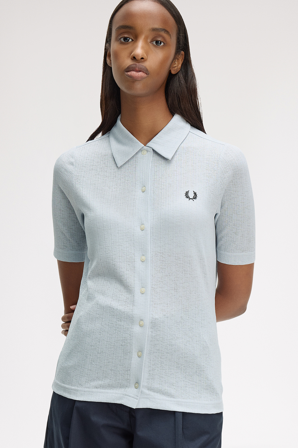 『数日のみ出品』FRED PERRY XL フレンドペリーポロシャツ　別注モデル Button Through Sheer Rib Polo Shirt(8 28A：DUSKY BLUE): | FRED