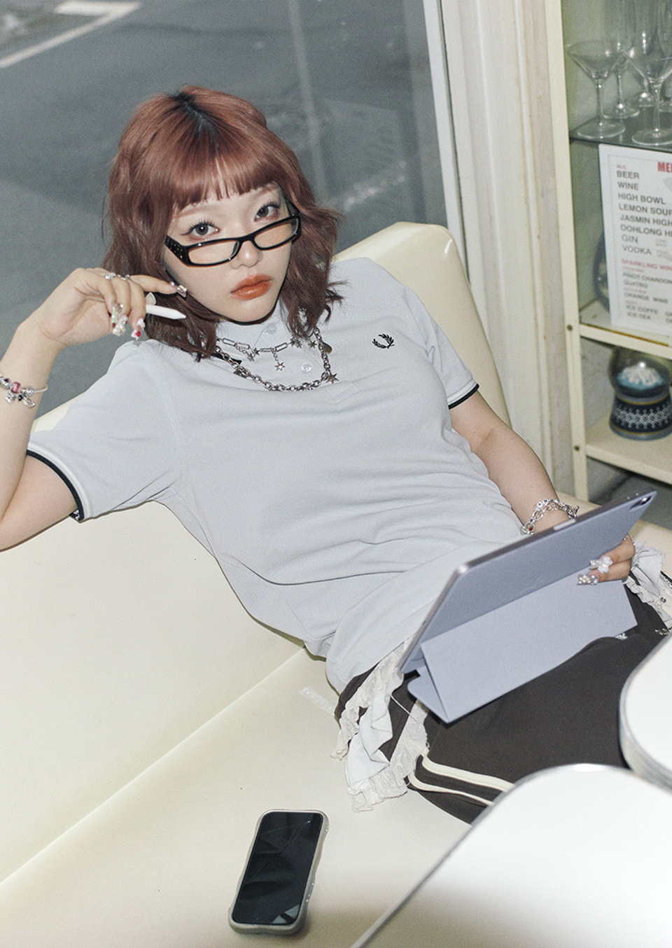 The Fred Perry Shirt - G3600 20C:DUSKY BLUE / WHITE / BLACK 8