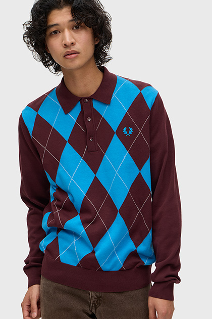 Argyle Long Sleeve Knitted Polo Shirt