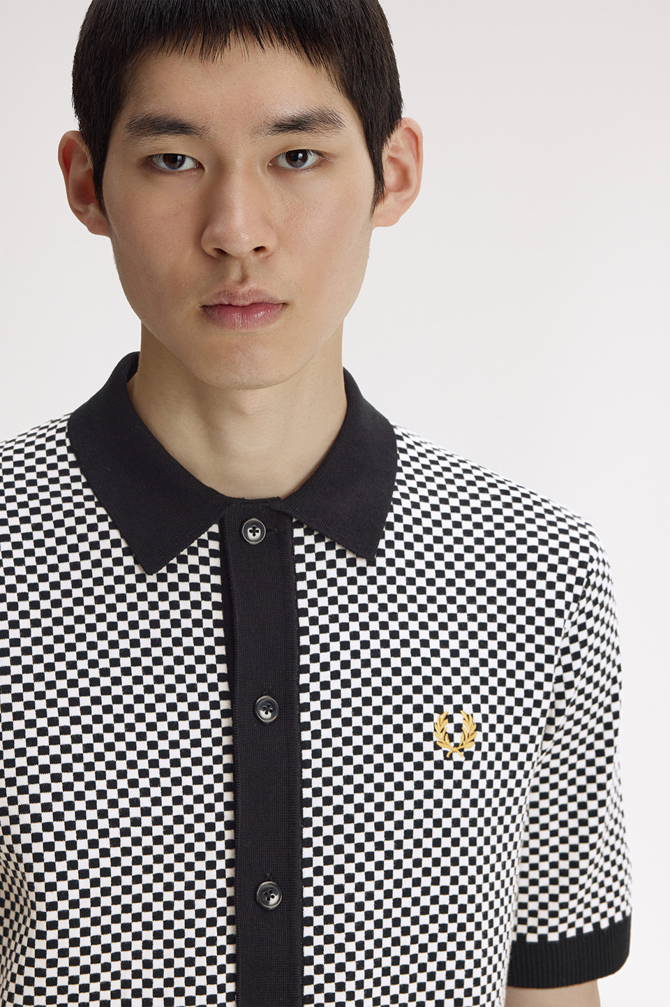 Chequerboard Button Through Shirt(S 102：BLACK): | FRED PERRY