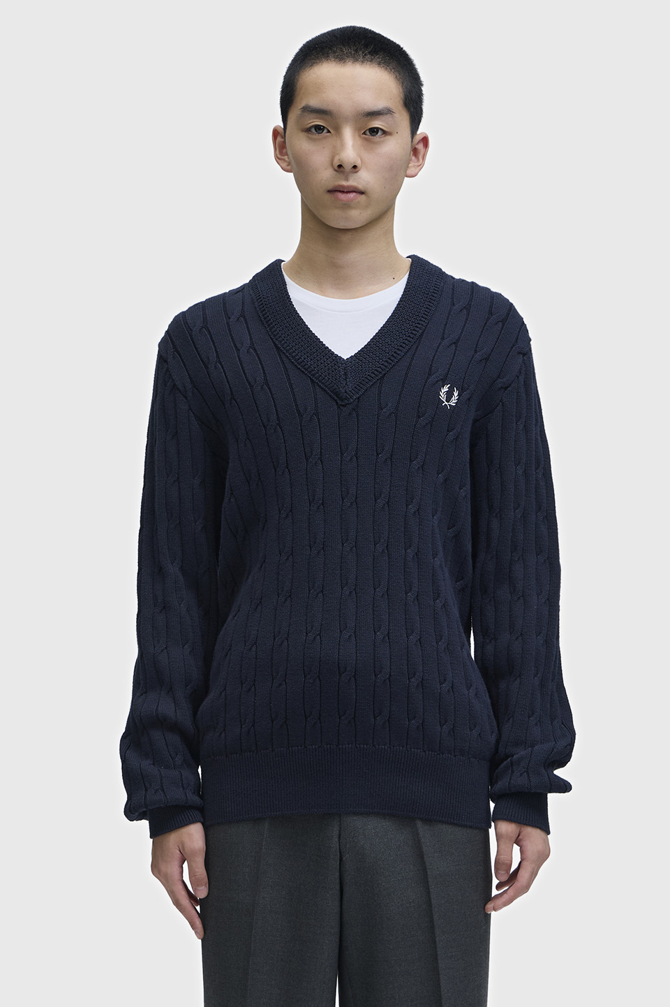 Cable Knit V-Neck Jumper(S 608：NAVY): | FRED PERRY JAPAN