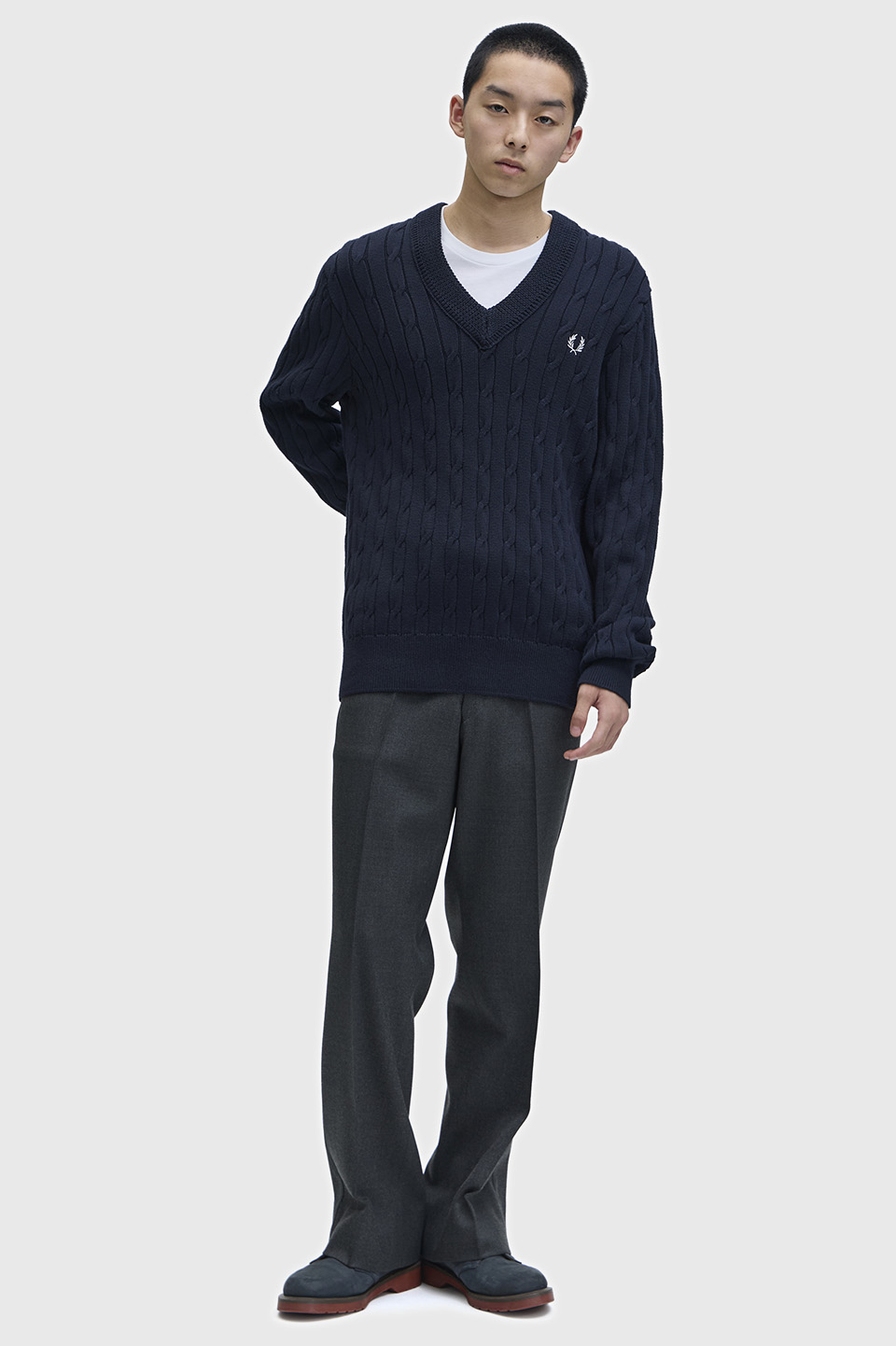 Cable Knit V-Neck Jumper(S 608：NAVY): | FRED PERRY JAPAN