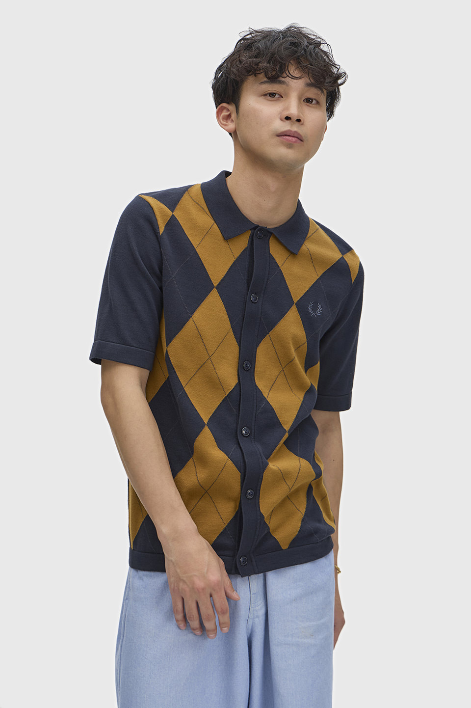 Argyle Button Through Knitted Shirt(S 608：NAVY): | FRED PERRY