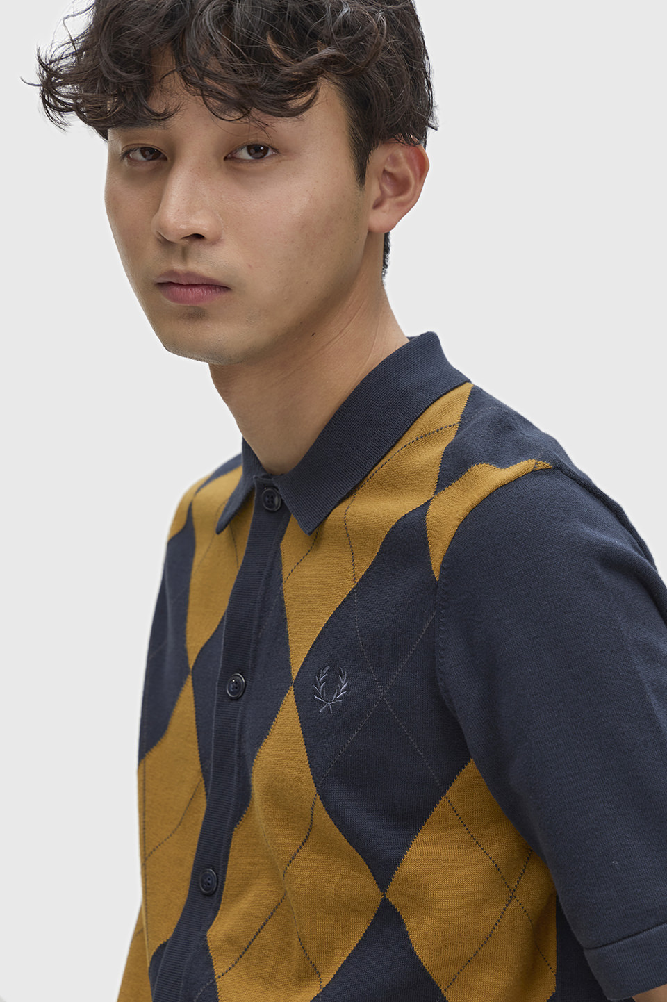 Argyle Button Through Knitted Shirt(S 608：NAVY): | FRED PERRY