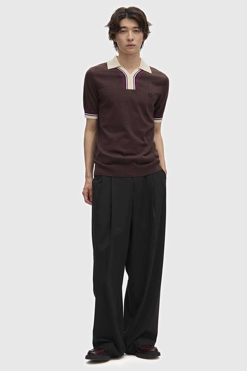 Tipped Open Neck Knitted Shirt(S 33C：RICH BROWN): | FRED PERRY