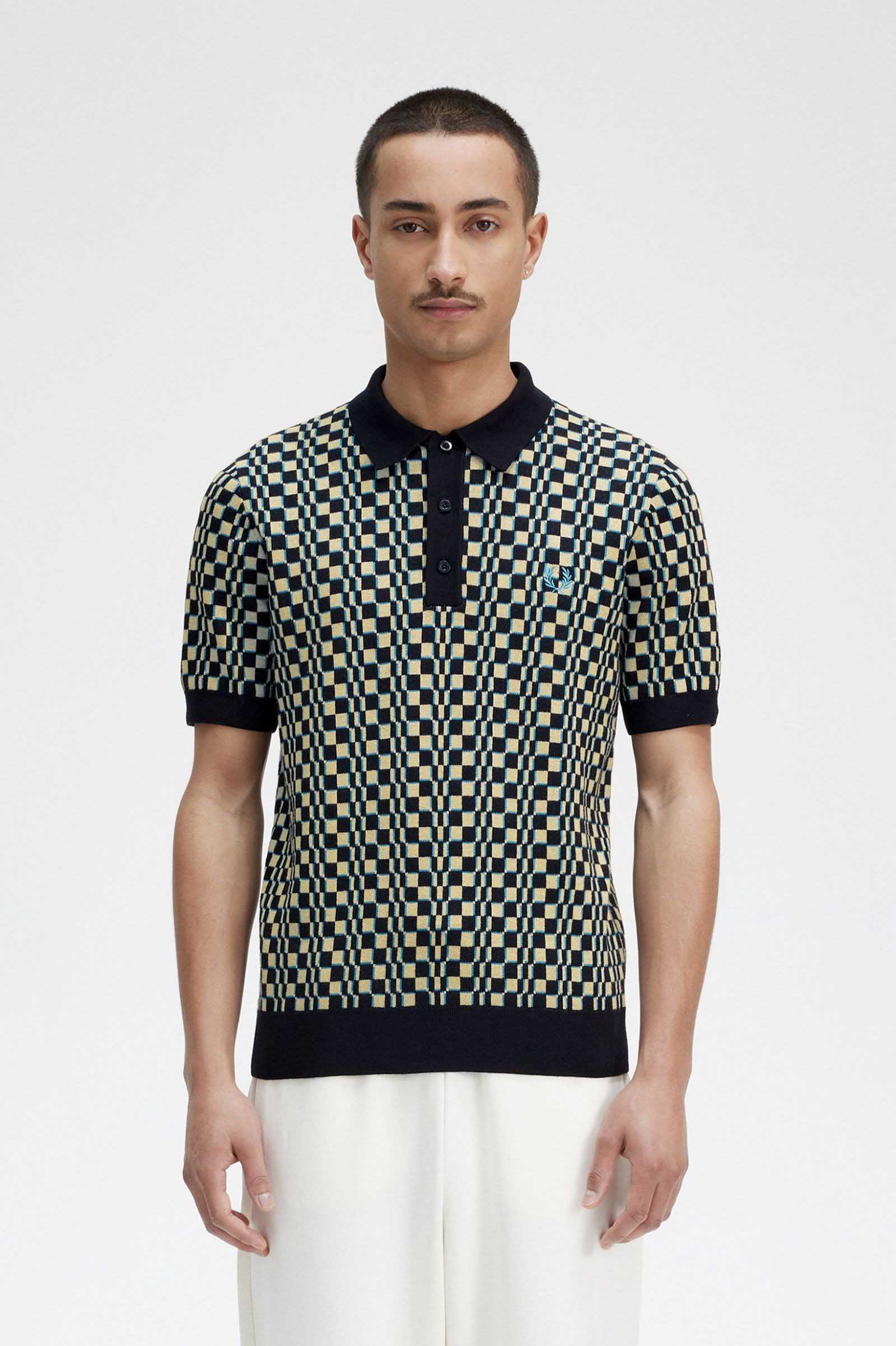 Glitch Chequerboard Knit Shirt(M R70：LIGHTOYSTER / BLACK): | FRED 