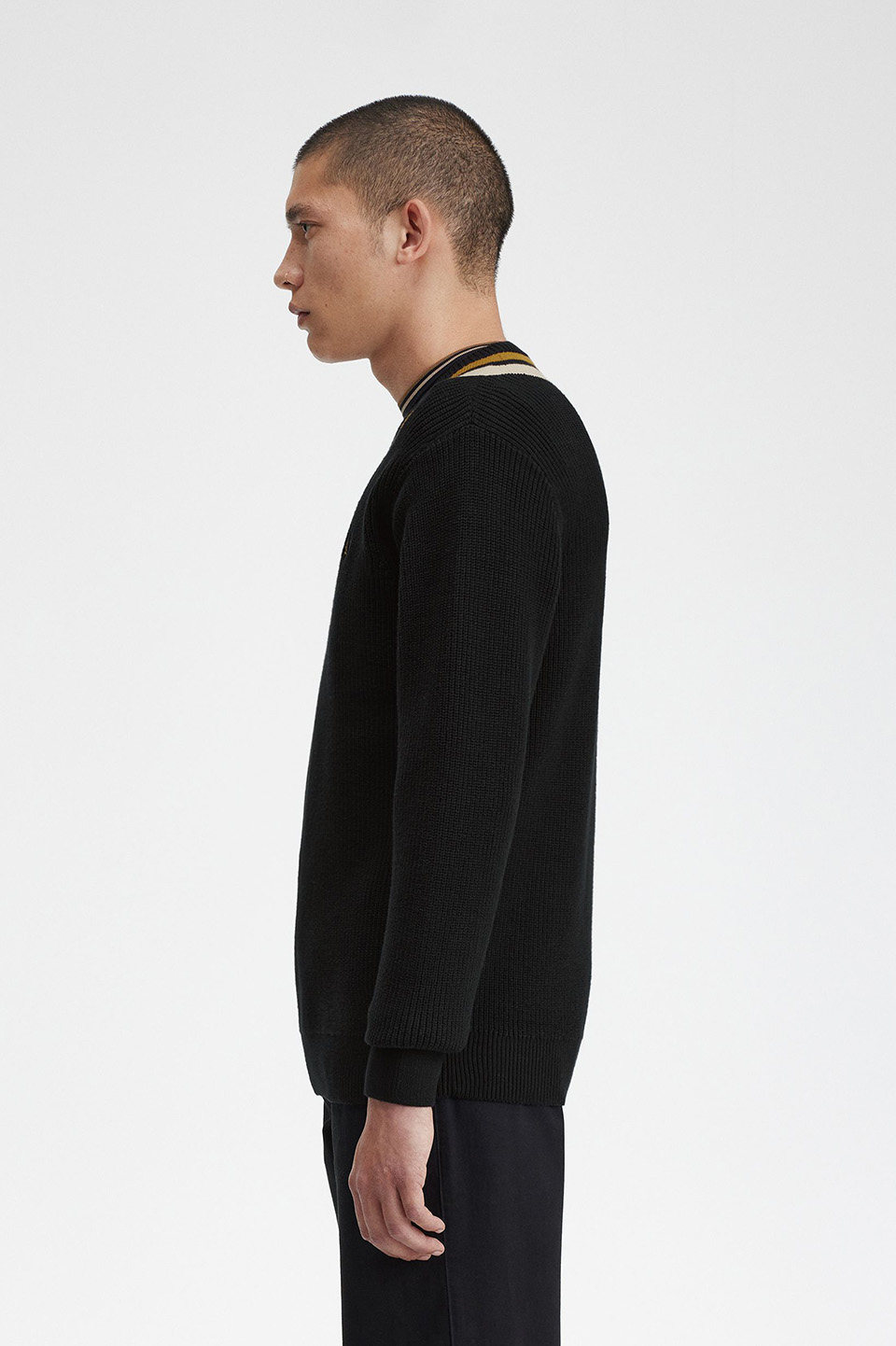 Striped trim v clearance neck sweater