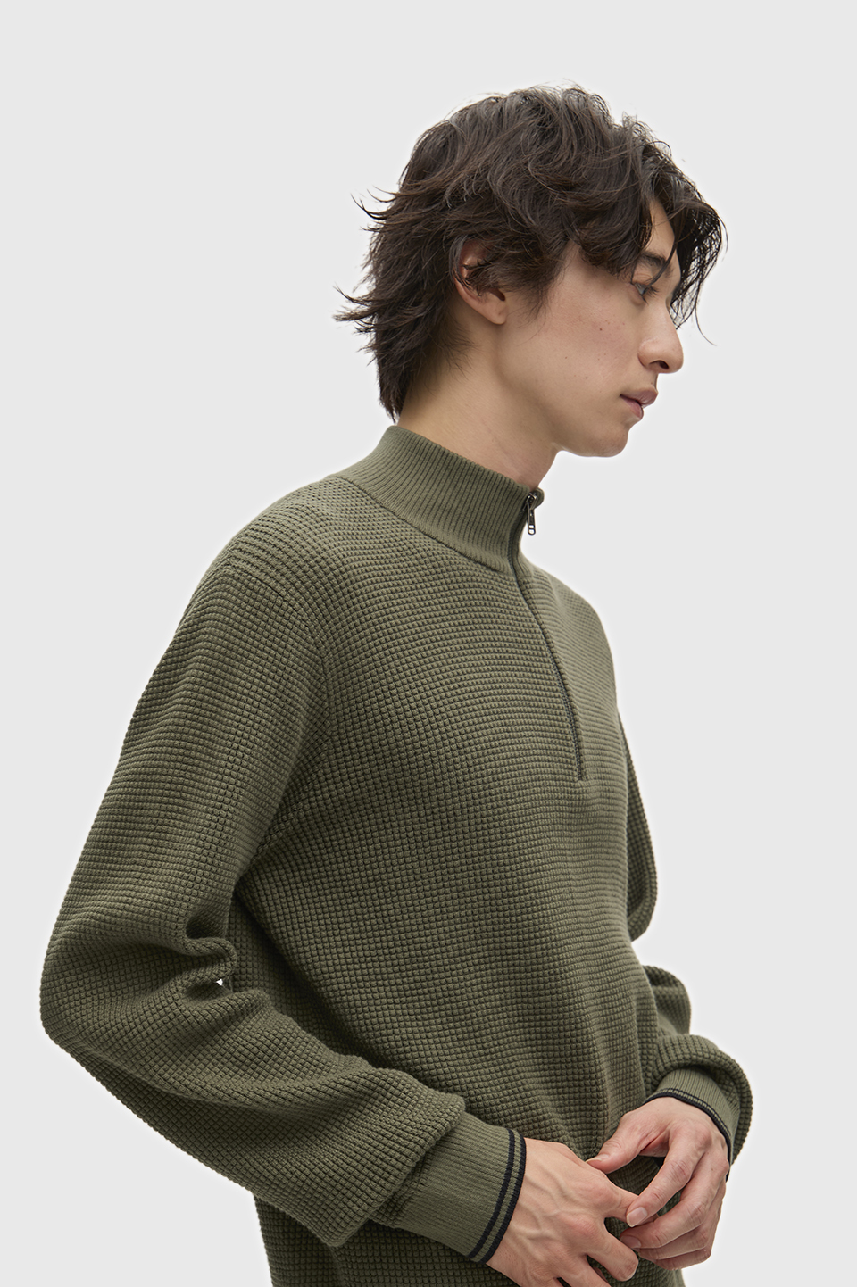 Waffle Stitch Half-Zip Jumper(S X21：LAUREL WREATH GREEN): | FRED