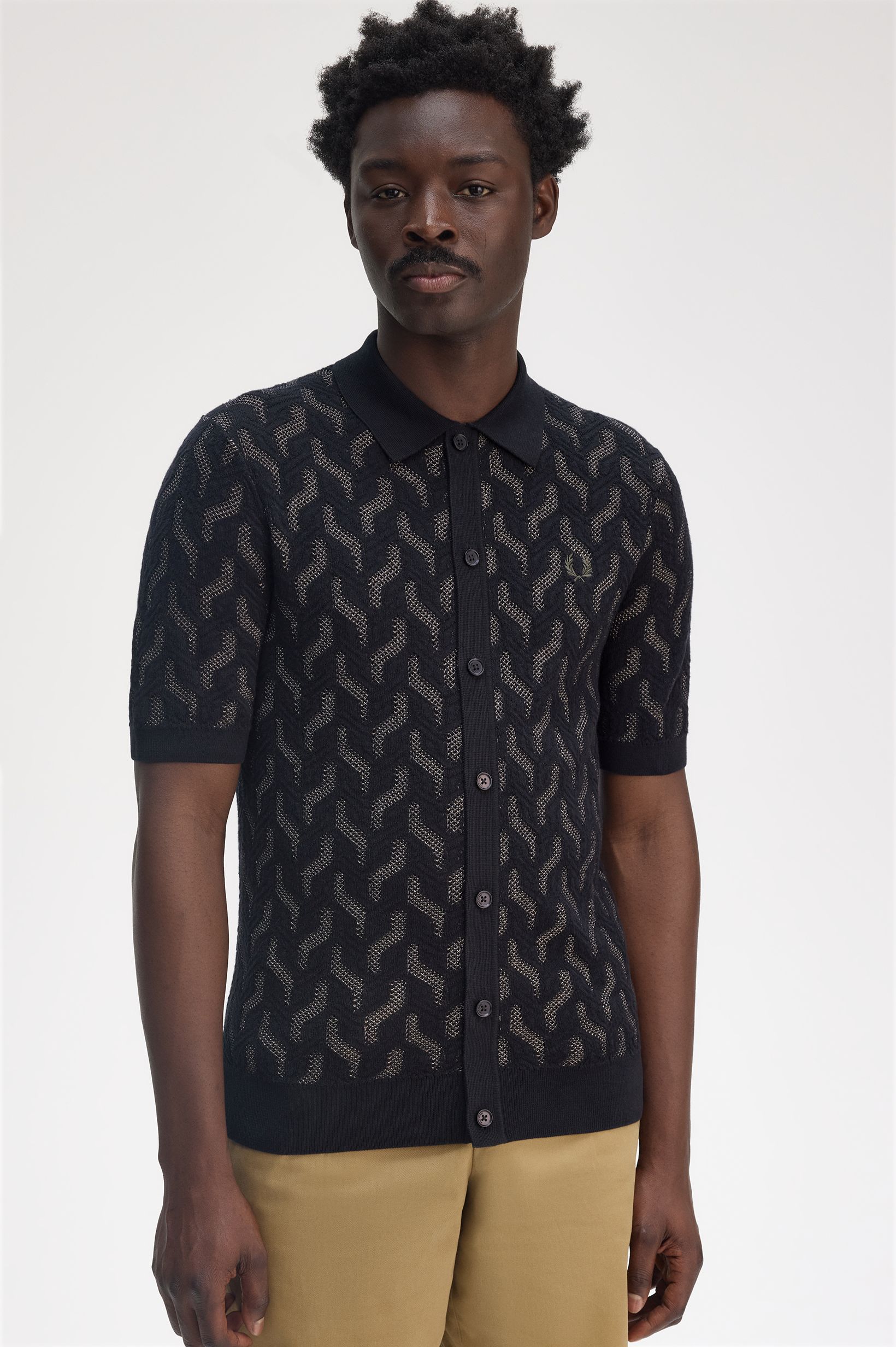 Pointelle Cable Knitted Polo Shirt(M 102:BLACK): | FRED Pointelle Cable Knitted Polo Shirt(M 102:BLACK): | FRED