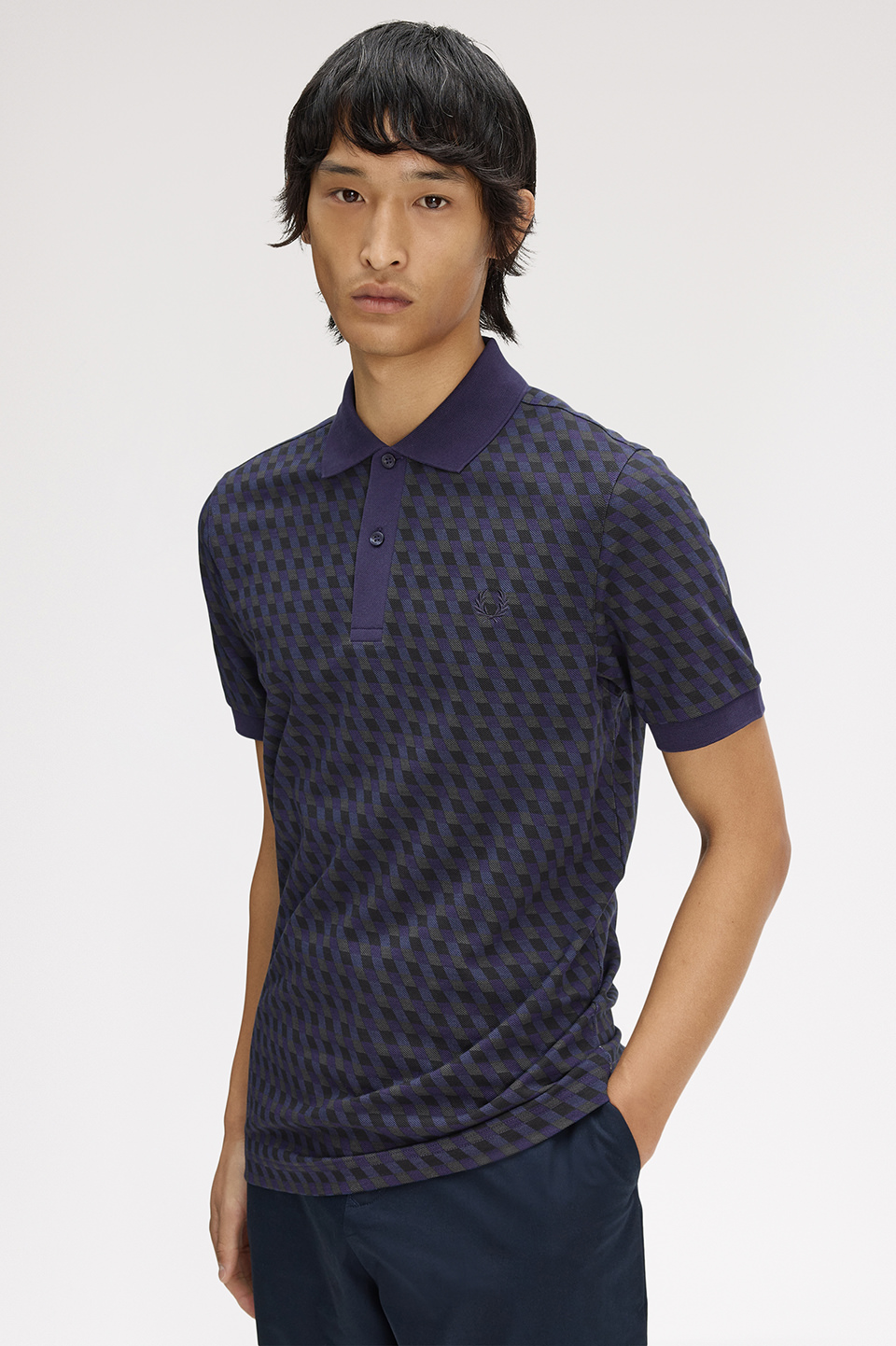Slanted Geometric Print Fred Perry Shirt(S 34C：TWILIGHT NAVY