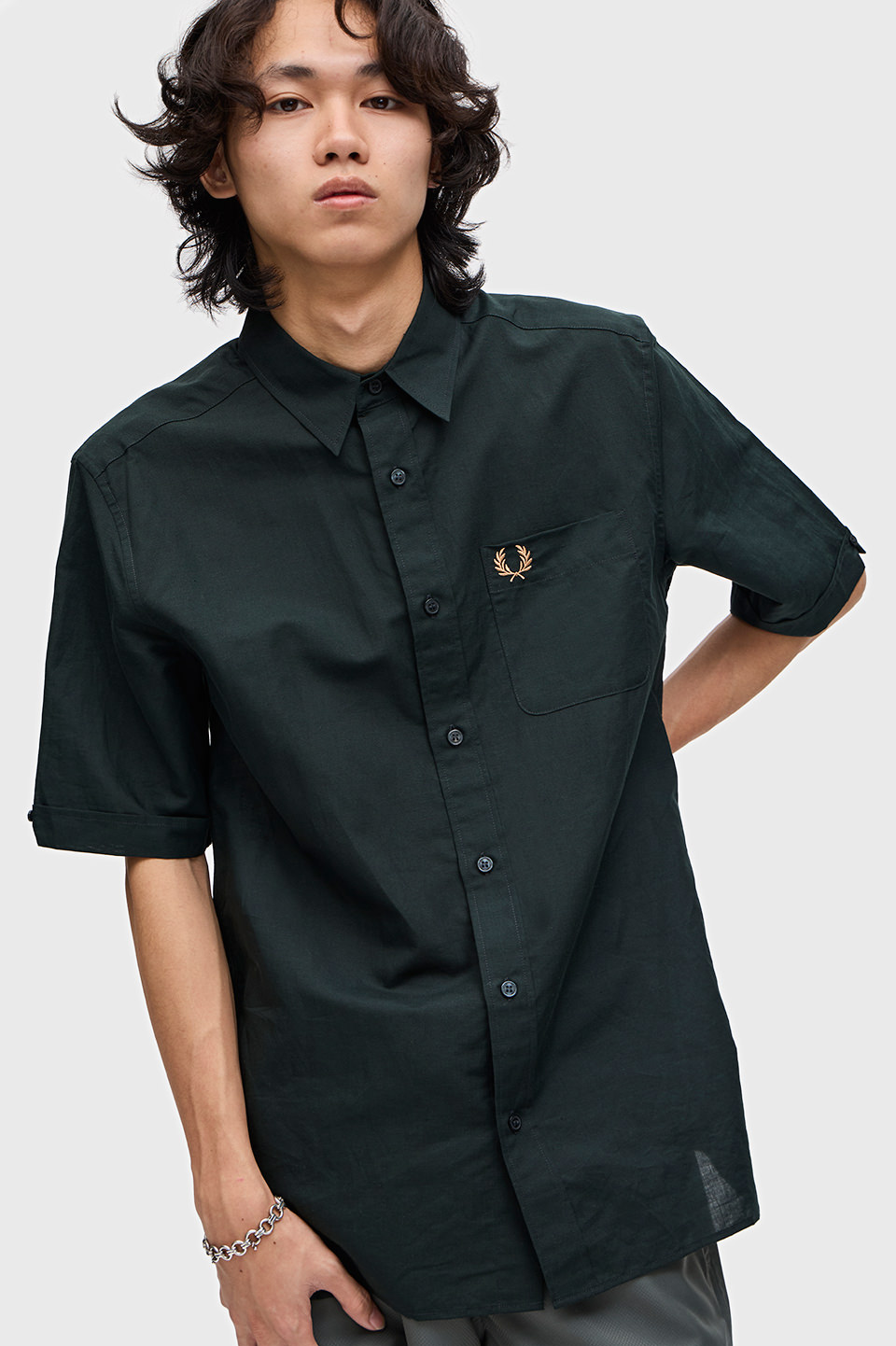 Linen Blend Short Sleeve Shirt(S Q20：NIGHT GREEN): | FRED PERRY 