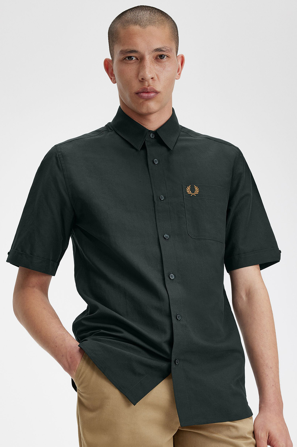 Linen Blend Short Sleeve Shirt(S Q20：NIGHT GREEN): | FRED PERRY 