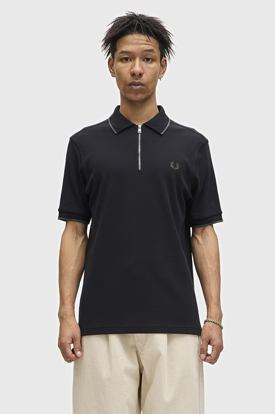 Textured Zip Neck Polo Shirt(S 102：BLACK): | FRED PERRY