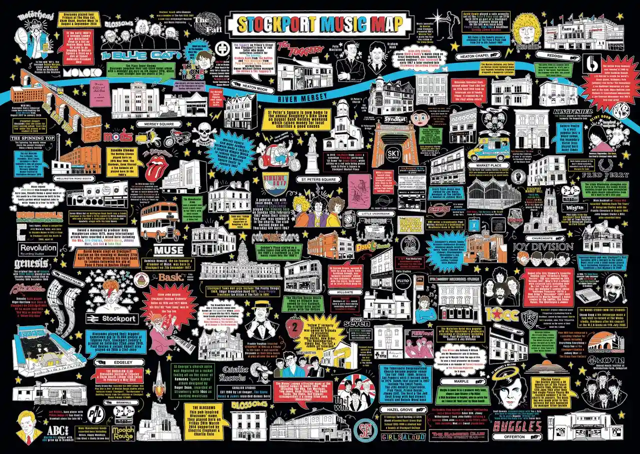 ヘッダー写真提供:SK1 Records。「Stockport Music Map」(上)イラストレーション
:エミリー・フラナガン(@flazzle)/copyright The Stockport Music Story(@stockportmusicmap)